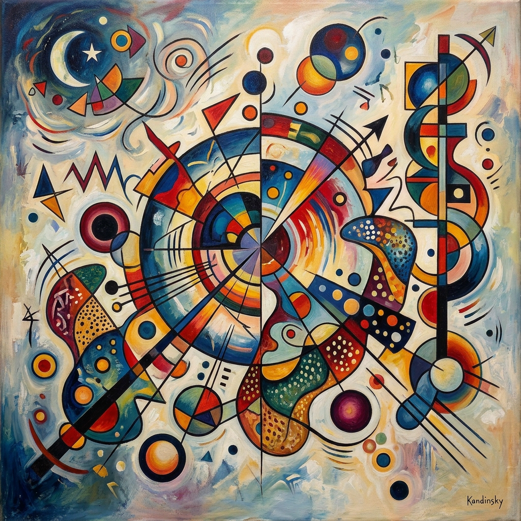 Framed abstract painting with colorful geometric shapes and Kandinsky signature